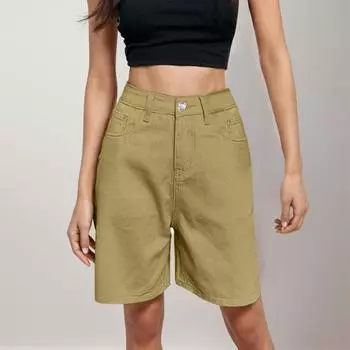 Women s Fashionable Casual Solid Color Pants With Buttons Pockets Shorts S хаки