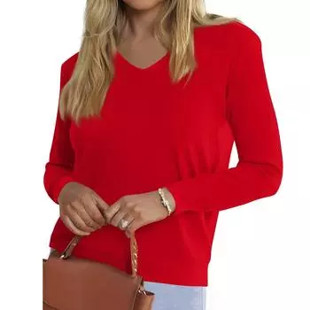 Women s Fashionable Casual V Neck Solid Color Long Sleeve Top XXL красный