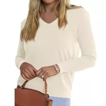 Women s Fashionable Casual V Neck Solid Color Long Sleeve Top L бежевый