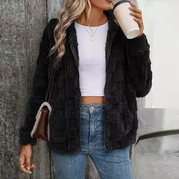 Women s Fashionable Double-Sided Fleece Zipper Hooded Cardigan Casual Jacket L чёрный