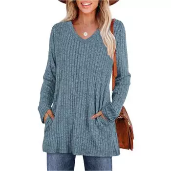 Women s Fashionable Long-sleeved Pullover And Solid-color Top L синий