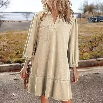 Women s Fashionable Loose V-neck Dress XXL бежевый