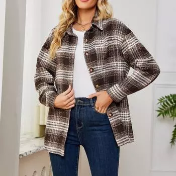 Women s Fashionable Plaid Long Sleeved Lapel Button Pocket Casual Loose Jacket XL коричневый