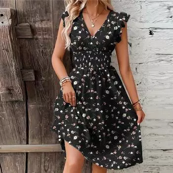Women s Fashionable Print Round Neck Loose Short Sleeved Pocket Pullover Dress L чёрный