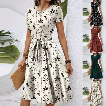 Women s Fashionable Print Round Neck Loose Short Sleeved Pocket Pullover Dress L