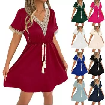 Women s Fashionable Print Round Neck Loose Short Sleeved Pocket Pullover Dress M бежевый