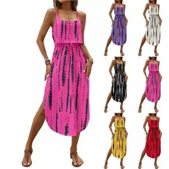 Women s Fashionable Retro Printed Camisole Waist Cinching Casual Dress S фиолетовый