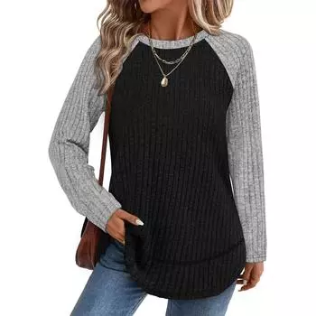 Women s Fashionable Round Neck Long Sleeved Color Blocked Loose Casual Pullover Top L чёрный