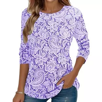 Women s Fashionable Round Neck Long Sleeved Lace Patterned Printed Pullover T-shirt Top L синий