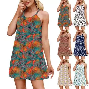 Women s Fashionable Round Neck Printed Camisole Casual Sleeveless Vest Dress XL белый