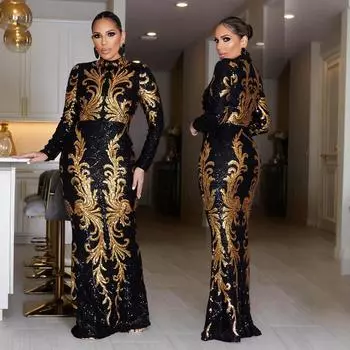 Women s Fashionable Sequined Long-sleeved Body-hugging Fishtail Dress and Slimming Dress S чёрный