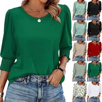 Women s Fashionable Solid Color Floral Round Neck Five Quarter Sleeve Casual Loose Pullover Top L чёрный