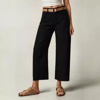 Women s Fashionable Solid Color Pocket Casual Versatile Straight Leg Jeans L чёрный