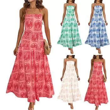 Women s Fashionable Strap Sleeveless Printed Beach Hawaiian Vacation Dress XL коричневый