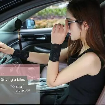 Women s Fashionable Sunscreen Lace Trendy Thin Arm Guard Sleeves 8cm black One size