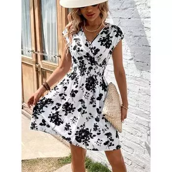 Women s Fashionable Temperament Printed V-neck Dress XL белый