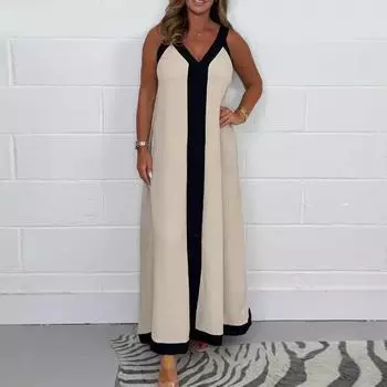 Women s Fashionable V Neck Casual Loose Contrasting Collar Sleeveless Dress L бежевый