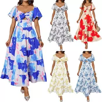 Women s Fashionable V Neck Floral Print Hollowed Bubble Short Sleeved Dress With Temperament M синий