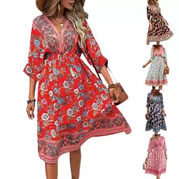 Women s Fashionable V Neck Floral Print 3/4 Sleeved Bohemian Vacation Beach Dress L красный