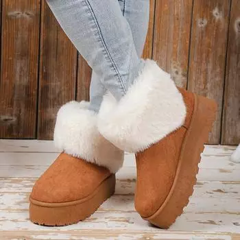 Женские ботильоны из искусственного меха, зима 2025 г., толстые длинные плюшевые зимние ботинки, женские черные, коричневые, толстая подошва, теплая хлопковая обувь 36 чёрный