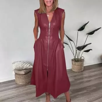 Women s Faux Leather Front Zip Long Dress V Neck Sleeveless Smocked High Waist Pleated Dress Nightclub Party Dress S чёрный