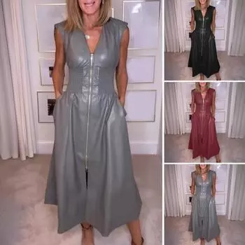 Women s Faux Leather Front Zip Long Dress V Neck Sleeveless Smocked High Waist Pleated Dress Nightclub Party Dress M вино красного