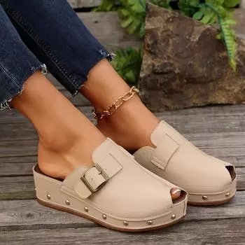 Women s Fish-mouth slippers with thick soled buckle rivets Woman Platform Sandals Wedges Heeled Shoes Sandalias Footwear 36 бежевый