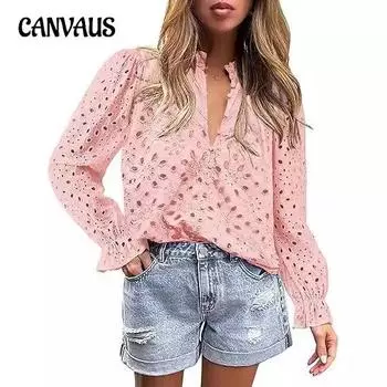 Женская рубашка с длинным рукавом, расклешенным рукавом, V-образным вырезом, пуговицами, ажурной вышивкой и кружевом S чёрный