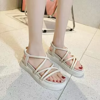 Women s Flat Sandals Black Beige Cross Strap Gladiator Sandales for Women Summer Platform Casual Back Elastic Band Roman Shoes 35 бежевый