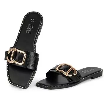 Women s Flat Sandals Fashion Square Open Toe Metal Chain Outdoor Sandals Slip On Daily Slide Sandals Outdoor Summer New Shoes 6