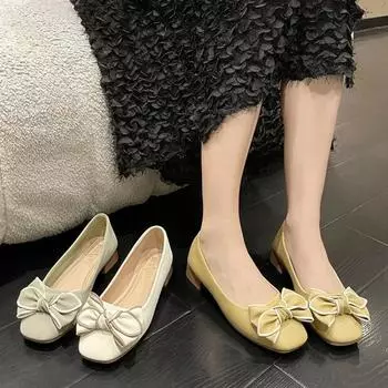 Women s Flat Shoes 2024 Spring/summer New Fairy Wind Round Head Mary Jane Shoes Bow Decorative Flat Shoes 35 бежевый