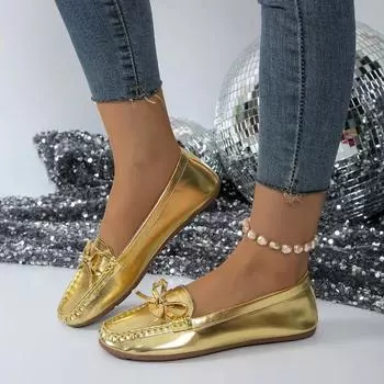 Women s Flat Shoes 2024 Summer and Autumn Round Toe Solid Color Slip-on Women s Outdoor Large Size Bow Commuting Women s Loafers 36 чёрный