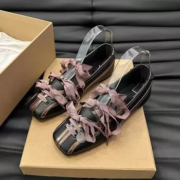 Women s Flat Shoes Autumn New Square Head Shallow Mouth Butterfly Knot Soft Sole Anti-slip Wear-resistant Single Shoes 35 чёрный