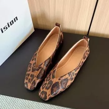 Women s Flat Shoes Snake Skin Pattern Square Toe Large Size Shoes Women Dress Shallow Mouth Roman One Kick Zapatillas De Mujer 35