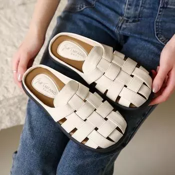 Women s flat shoes, woven slippers, mule shoes, summer beach Roman sandals, fashionable and casual new herringbone slippers 35 бежевый