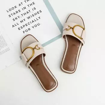 Women s Flat Slippers Summer Leather Square Toe Women Flats Flip Flops Designer Ladies Slides Sandals Women Shoes Luxury Sandals 35