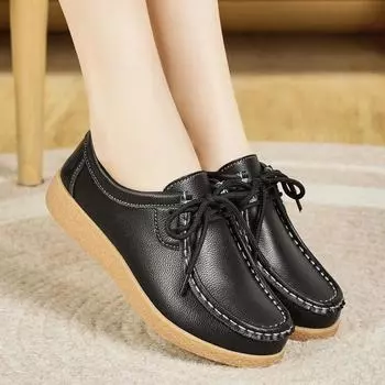 Women s Flats Lacing Black Leather Driving Shoes Comfort Casual Grey Walking Minimalist Breathable Shoes Plus Size EU: 36 чёрный