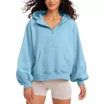 Women s Fleece Jackets Fashion 1/2 Zipper Long Sleeves Hooded Pullover Sweatshirt With Pockets L