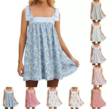 Women s Flower Tie Dress Cute Square Neck Loose Beach Short Dress Open Back Bohemian Summer Sundress L светло-фиолетовый