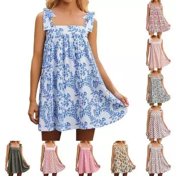 Women s Flower Tie Dress Cute Square Neck Loose Beach Short Dress Open Back Bohemian Summer Sundress L армия зеленый