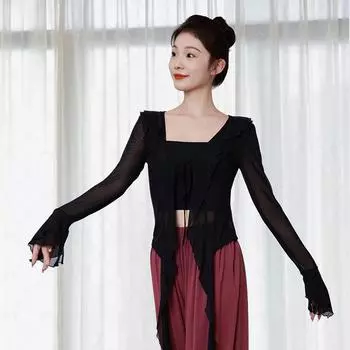 Women s Flowy Classical Dance Costume with Lotus Leaf Collar and Bell Sleeves