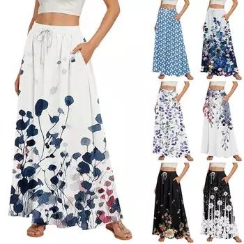 Women s Flowy Flared Ruffle Hem A Line Maxi Skirts Elastic Waist Elegant Tiered Layer Boho Long Skirts S