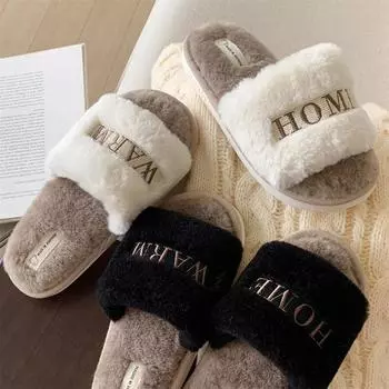 Women s Fluffy Fur Slippers Winter Creative Embroidery Warm Flat Home Cotton Slippers Female Non Slip Soft Indoor House Slides 36-37