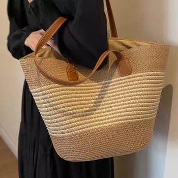 Women s French Beach Bag Fancy Straw Woven Bag Khaki (beige Stripes)