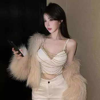 Women s French Beauty Back Gathering Underwear Gold Pearl Chain One Size