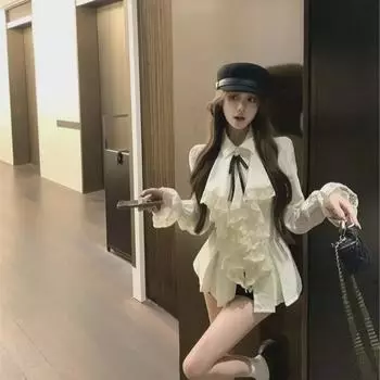 Women s French Retro Ruffled Lace Long-Sleeve Blouse with Tie and Trumpet Sleeves Medium абрикосовый света