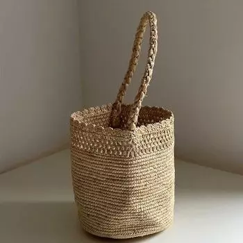 Women s French-Style Wear Summer Raffia Hand-Woven Small Size Bucket Bag Straw Bag Beach Bag Portable Basket Nature Grass