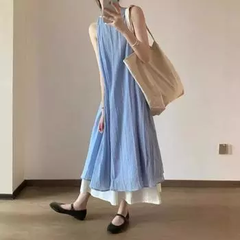 Women s Gentle Temperament Blue Sleeveless Vest Dress Summer Texture Relaxed Casual Dress S