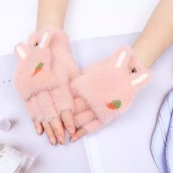 Women s gloves autumn and winter thickened warm flip half-finger gloves cute rabbit ears radish pattern gloves student velvet gloves розовый