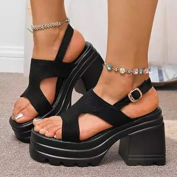 Women s Gothic Chunky Heels Sandals Summer 2025 Fashion Buckle Strap Platform Sandals Woman Thick Bottom High Heels Roman Shoes 35 чёрный